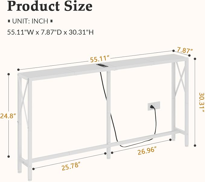 Gewudraw Console Table with Oulets and USB Ports, 55.1" Sofa Table Behind Couch - Image 3