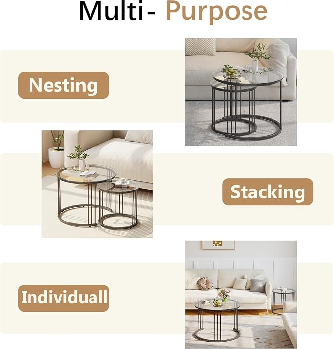 Garden 4 you Nesting Coffee Table, 23.6" Round Coffee Table Set of 2, Glass - Image 7