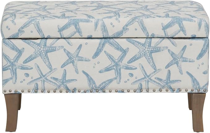 Linon Stephanie Cream and Light Blue Starfish Fully Upholstered Bench - Image 12