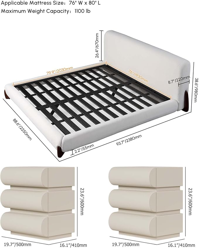homary 3 Pieces Bedroom Sets, King Size Upholstered Bed - Image 2