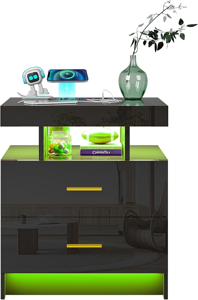 WOOVIVS Night Stand Set 2 with USB/Type-C/Wireless Charging Station, Blakc - Image 8