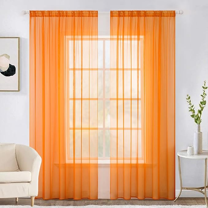 MIULEE Orange Fall Sheer Curtains 54 X 108 Inches, 2 Panels | Solid Color by MIULEE