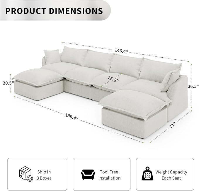 6 Seat U Shape Modular Sectional Couch Sofa - Image 2