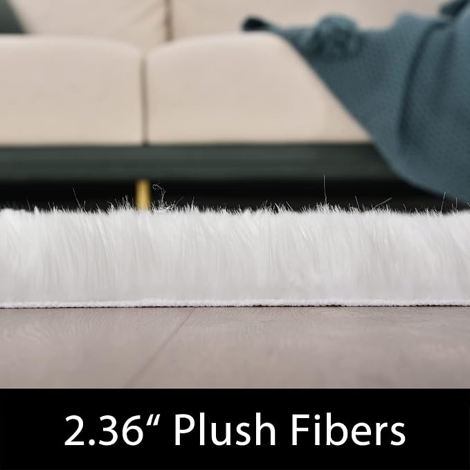 Latepis White Faux Fur 4'x5'10" Area Rug, Soft Plush Faux Fur Sheepskin Rugs - Image 2