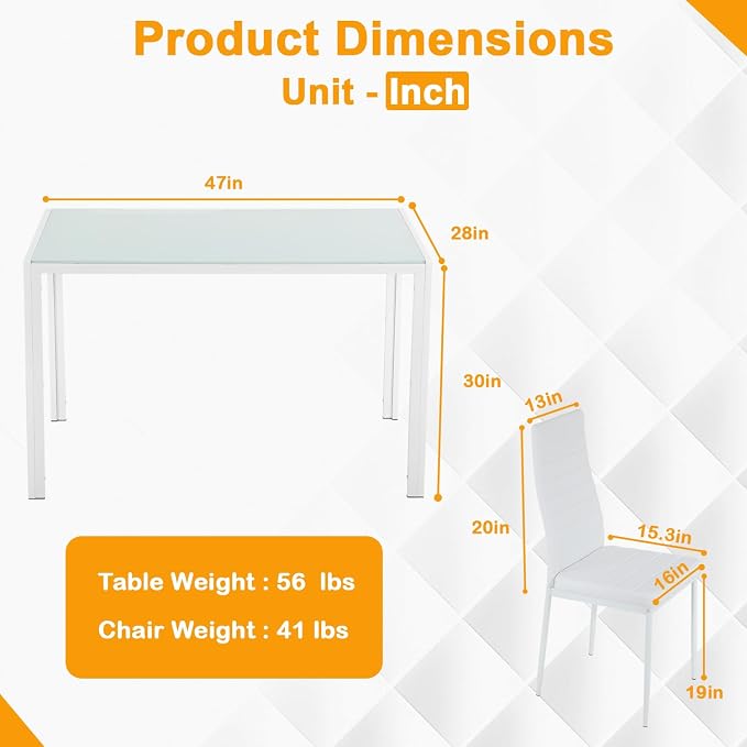 FDW | 5-Piece Dining Table Set | White | Glass Kitchen Table - Image 3