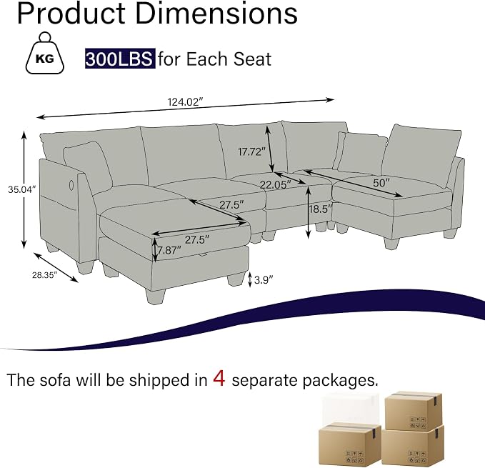 124" Modular Sectional Sofa, Modern Linen U-Shaped 6 Seater Sectional Sofa - Image 2