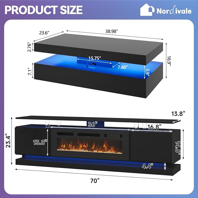 2-Piece Modern Living Room Table Set, Includes High Gloss 70" Fireplace TV - Image 3