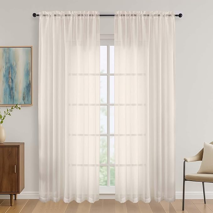 Cream Sheer Curtains 84 Inches Long 2 Panels Set, Light Filtering Sheer Curtains by OVZME