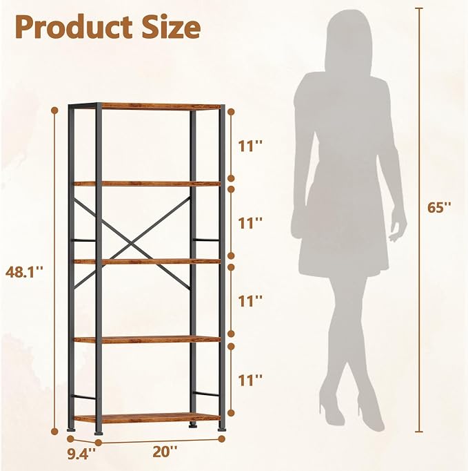 Furologee 5 Tier Book Shelf, Tall Wide Bookshelf, Industrial Open Bookcase - Image 3