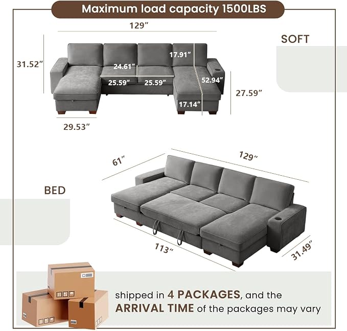 129" Convertible Sleeper Sofa Bed, L Shaped - Image 3