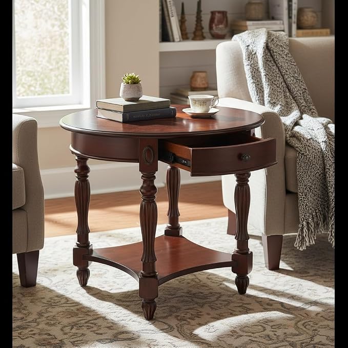 Solid Wood End Table with Drawer, Oval Sofa Side Table, Storage Shelf, Living - Image 4