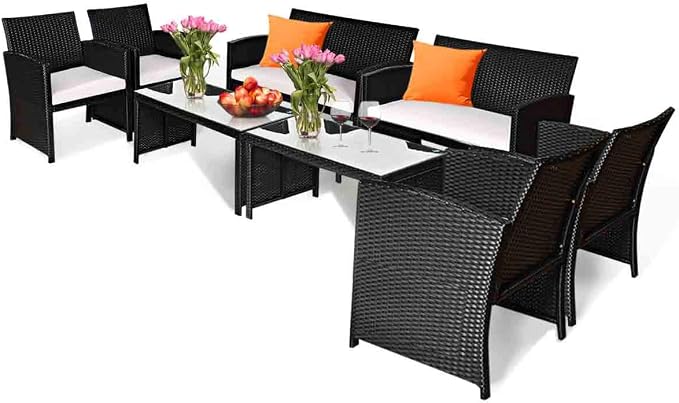 Tangkula Patio Wicker Conversation Furniture Set, Patiojoy Sofa & Table Set w/4 by TANGKULA