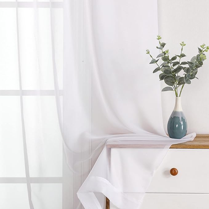 White Sheer Curtains 108" inches Length 2 Panels Set, Sheer Curtains Rod Pocket - Image 2