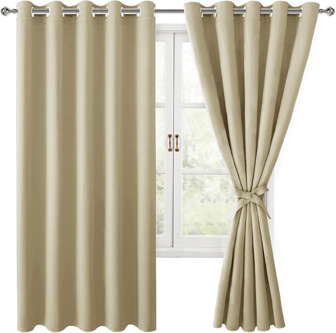 Blackout Curtains for Bedroom, Light Beige, 60 x 63 Inch, 2 Panels | Thermal by Hiasan