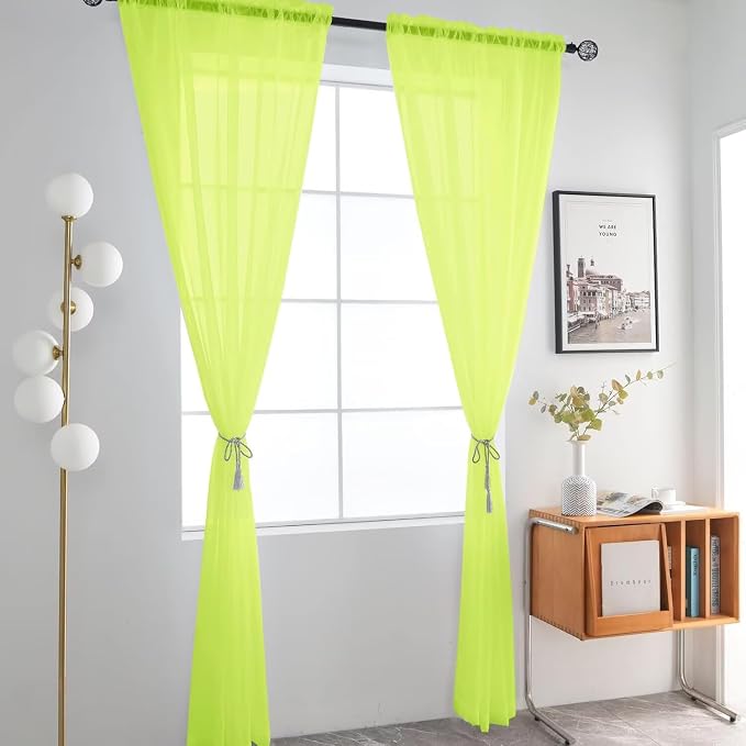 SpaceDresser Basic Rod Pocket Sheer Voile Window Curtain Panels Chartreuse 1 - Image 2
