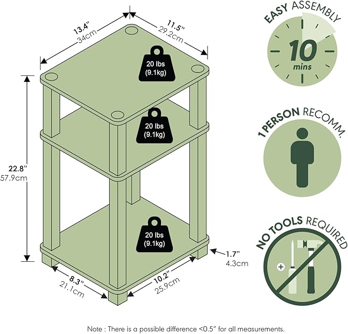 Furinno JUST Side Table, 3-Tier Open Shelf End Table, Toolless Assembly Night - Image 3