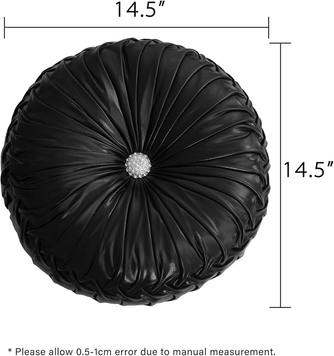 HIG Set of 2 Black Metallic Leather Decorative Round Pleated Throw Pillows | - Image 5