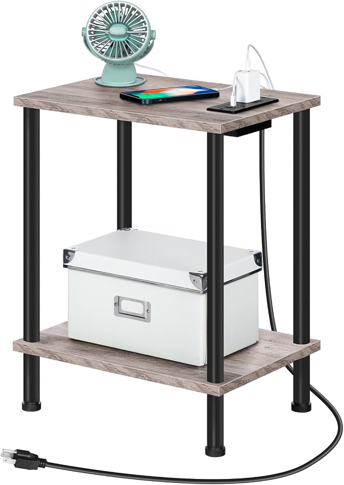 HOOBRO Side Table with Charging Station, Nightstand with 2-Layer Storage Shelves - Image 6
