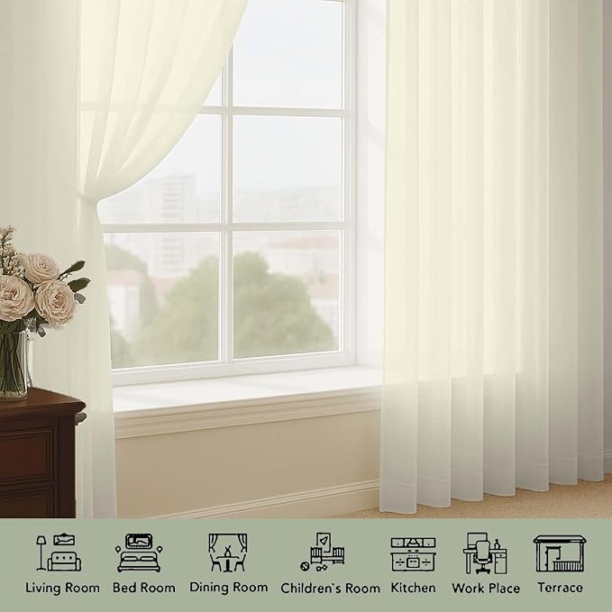 Sheer Cream Curtains, Sheer Curtains 63 inch Length 2 Panels Set, Rod Pocket - Image 3