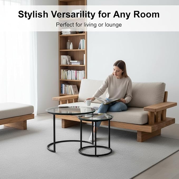 Round Nesting Coffee Table Set of 2, Modern Glass Nesting Tables, Stacking - Image 4