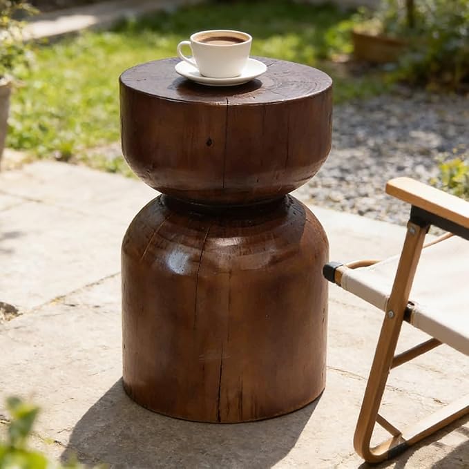 Solid Wood Stool & Sofa Side Table, Rustic Hourglass Wabi-Sabi Accent Coffee by Unknown