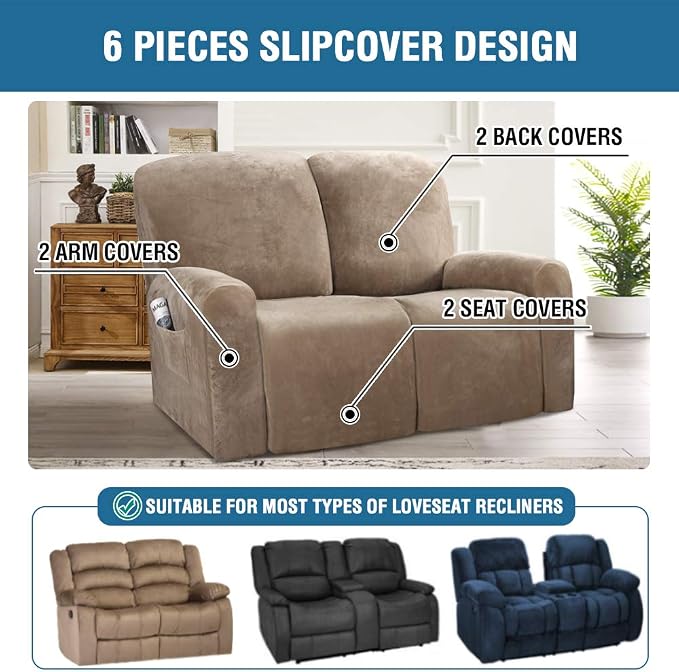 H.VERSAILTEX Velvet Stretch Recliner Couch Covers 6-Pieces Recliner Loveseat - Image 2