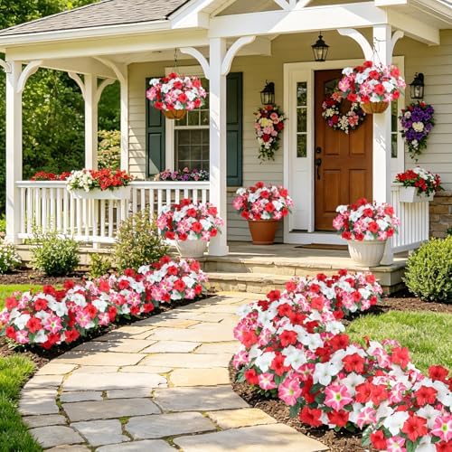 Uieke Artificial Flowers for Outdoors, 24PCS Faux Petunias Outdoor Uv Resistant Silk Flower, Spring Decorations for Home Garden Patio Porch, Red&White - Image 7