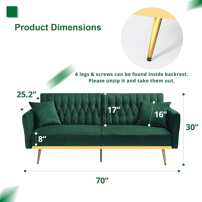70” Velvet Futon Sofa Bed w/Adjustable Backrests and Armrests, Convertible - Image 3
