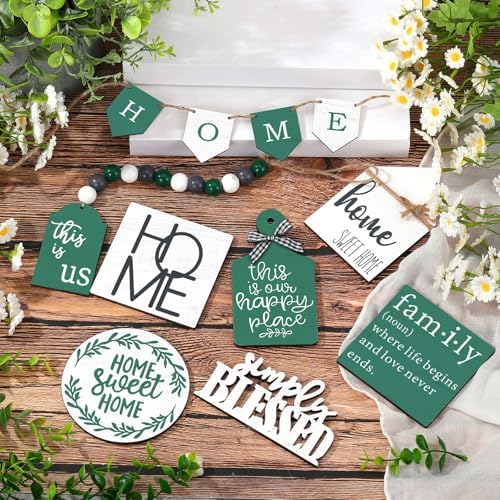 FairySandy 11 Pcs Home Tiered Tray Decor Green Rustic Wooden Signs - Image 6