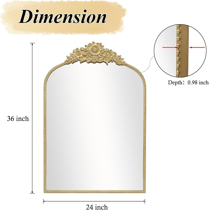 Arch Antique Gold Mirror, 24x36inch Baroque Style Vintage Metal Frame Wall - Image 2