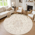 Round Area Rug Living Room: 6ft Washable Carpet Beige White | Vintage Boho by Luxturiy
