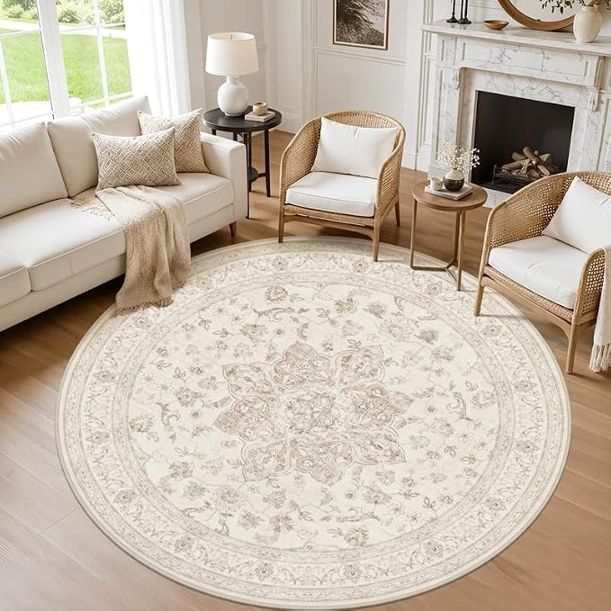 Round Area Rug Living Room: 6ft Washable Carpet Beige White | Vintage Boho by Luxturiy