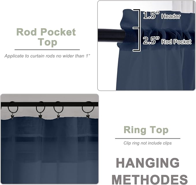 Extra Long Navy Blue Sheer Curtains 96 Inches Long 2 Panels Set, Soft - Image 4