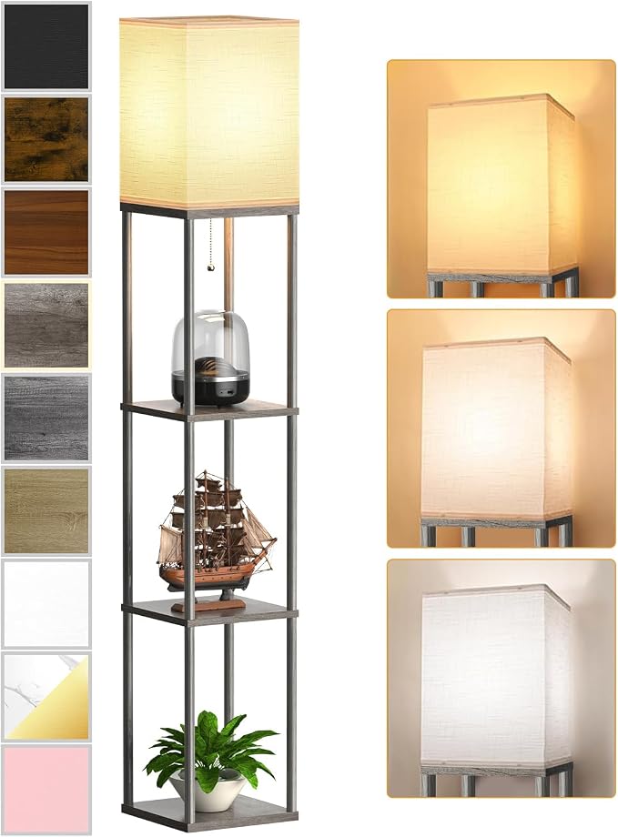 Floor Lamp with Shelves for Living Room Oak Gray, Shelf Floor Lamp with 3 CCT by PARTPHONER