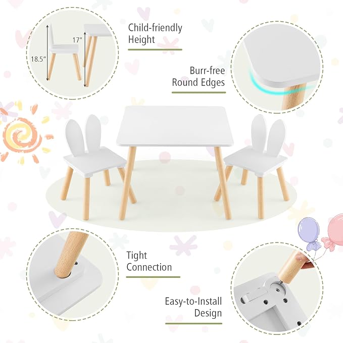 Costzon Kids Table and Chair Set, 3 Pieces Wooden Activity Table & 2 Rabbit - Image 7
