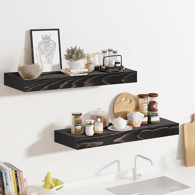 17x8x1.6 inch Floating Shelves Set of 2 – Solid Wood Rustic Black Wall Mounted - Image 6
