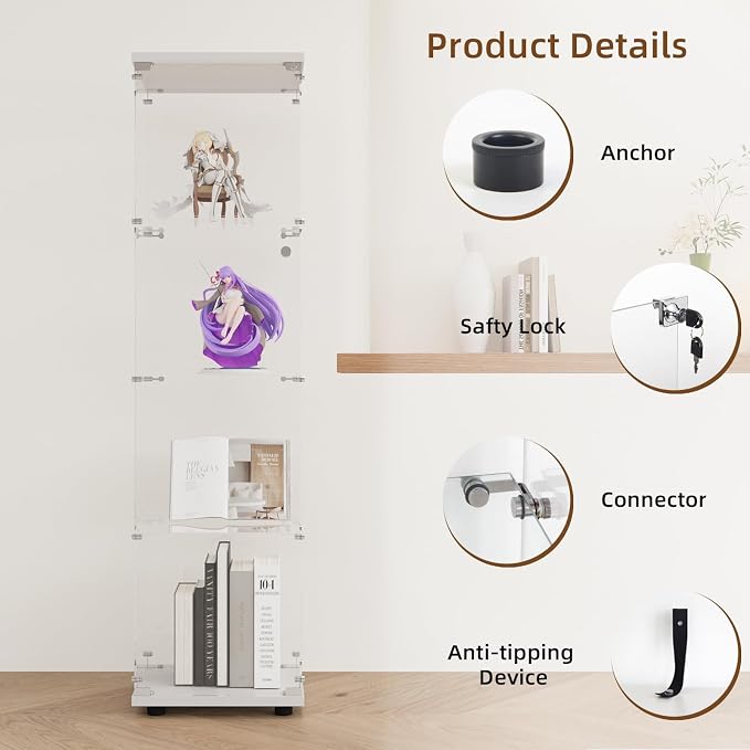 Display Cabinet with Glass Door and Lock, 4-Shelf Fast Installation Curio - Image 4