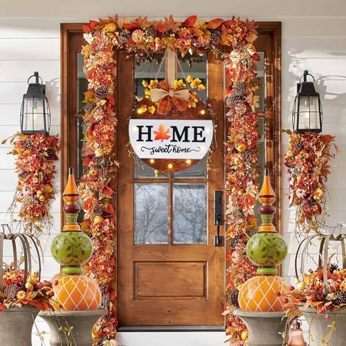 HOMCDALY Interchangeable Welcome Sign for Front Door with 4 Seasonal Wreaths, Door Wreaths for Front Door with 12 LED Lights, Farmhouse Rustic Welcome Door Hanger Wall Sign, Porch Decorations(White) - Image 2