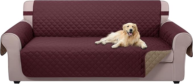 U-NICE HOME 4 Seater Sofa Cover 91''Large Couch Cover, Burgundy/Tan | Washable by U-NICEHOME