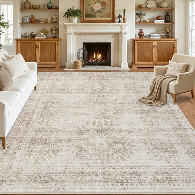 10x14 Area Rugs Living Room: Bedroom Neutral Washable Carpet Brown | Vintage - Image 8