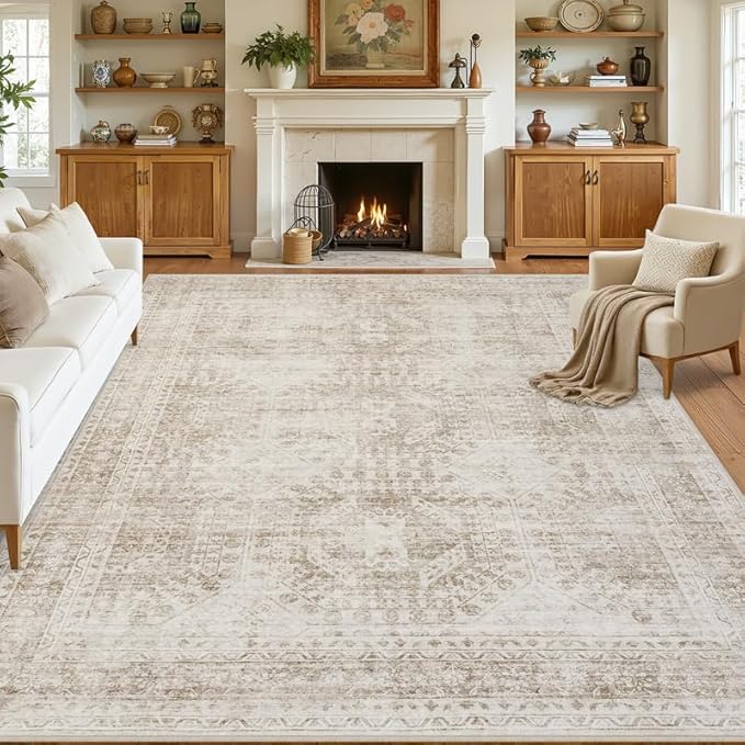10x12 Area Rugs Living Room: Bedroom Neutral Washable Carpet Brown | Vintage - Image 8