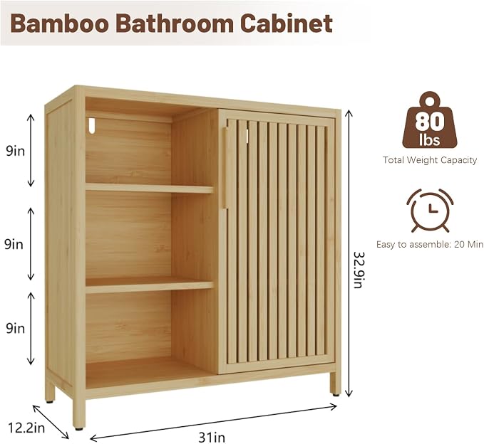 Bamboo Bathroom Cabinet, Side Storage Organizer Cabinet - Image 2