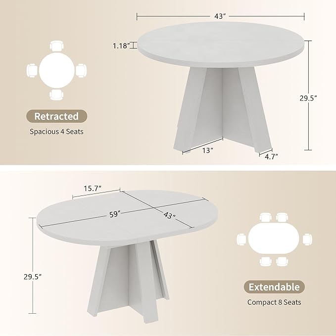 iPormis 43.3in-59in Extendable Round Dining Table - Image 2