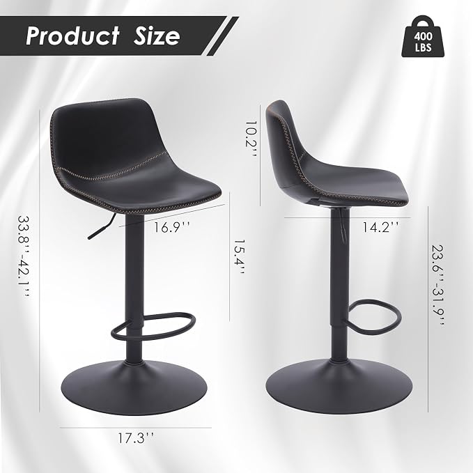 Adjustable Bar Stools Set of 2, Mid Century Modern Swivel Bar Stools, - Image 2