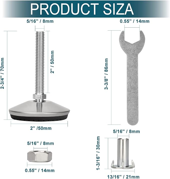4 Set M8 Leveling Feet with 4-Pronged T Nut, Adjustable Leg Levelers Heavy Duty - Image 4