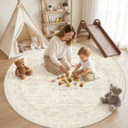 Round Area Rug Living Room: 8ft Washable Carpet Retro Beige | Vintage Boho - Image 3