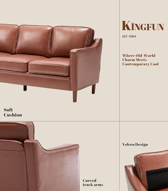 Kingfun 80" Faux Leather Sofa, 3 Seater Couch, Mid Century Modern Couches - Image 7