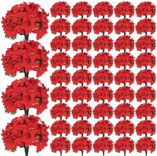 48 Pack Poinsettia Flowers Artificial Christmas, Red Poinsettia Flowers by BLEUMCADE