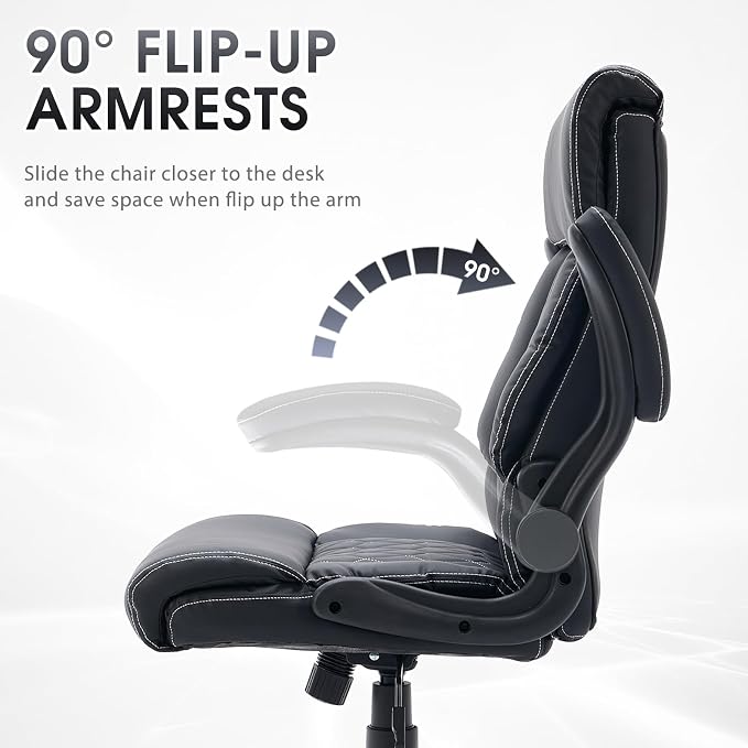 High Back Office Chair with Flip-up Armrests, Leather Comfy Desk Chair with - Image 6