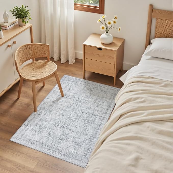 Washable Area Rugs 2x3: Neutral Living Room Bedroom Carpet Gray | Vintage Boho - Image 4